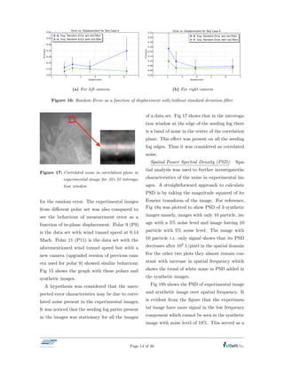 (a) For left camera (b) For right camera
Figure 16: Random Error as a function of displacement with/without standard deviation ﬁlter
Figure 17: Correlated noise in correlation plane in
experimental image for 32⇥32 interoga-
tion window
for the random error. The experimental images
from di↵erent polar set was also compared to
see the behaviour of measurement error as a
function of in-plane displacement. Polar 9 (P9)
is the data set with wind tunnel speed at 0.14
Mach. Polar 11 (P11) is the data set with the
aforementioned wind tunnel speed but with a
new camera (upgraded version of previous cam-
era used for polar 9) showed similar behaviour.
Fig 15 shows the graph with these polars and
synthetic images.
A hypothesis was considered that the unex-
pected error characteristics may be due to corre-
lated noise present in the experimental images.
It was noticed that the seeding fog patter present
in the images was stationary for all the images
of a data set. Fig 17 shows that in the interroga-
tion window at the edge of the seeding fog there
is a band of noise in the center of the correlation
plane. This e↵ect was present on all the seeding
fog edges. Thus it was considered as correlated
noise.
Spatial Power Spectral Density (PSD): Spa-
tial analysis was used to further investigatethe
characteristics of the noise in experimental im-
ages. A straightforward approach to calculate
PSD is by taking the magnitude squared of its
Fourier transform of the image. For reference,
Fig 18a was plotted to show PSD of 3 synthetic
images namely, images with only 10 particle, im-
age with a 5% noise level and image having 10
particle with 5% noise level. The image with
10 particle i.e. only signal shows that its PSD
decreases after 102 1/pixel in the spatial domain.
For the other two plots they almost remain con-
stant with increase in spatial frequency which
shows the trend of white noise in PSD added in
the synthetic images.
Fig 18b shows the PSD of experimental image
and synthetic image over spatial frequency. It
is evident from the ﬁgure that the experimen-
tal image have more signal in the low frequency
component which cannot be seen in the synthetic
image with noise level of 18%. This served as a
Page 14 of 20
 