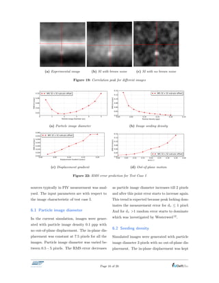 (a) Experimental image (b) SI with brown noise (c) SI with no brown noise
Figure 19: Correlation peak for di↵erent images
(a) Particle image diameter (b) Image seeding density
(c) Displacement gradient (d) Out-of-plane motion
Figure 22: RMS error prediction for Test Case I
sources typically in PIV measurement was anal-
ysed. The input parameters are with respect to
the image characteristic of test case I.
6.1 Particle image diameter
In the current simulation, images were gener-
ated with particle image density 0.1 ppp with
no out-of-plane displacement. The in-plane dis-
placement was constant at 7.5 pixels for all the
images. Particle image diameter was varied be-
tween 0.5 - 5 pixels. The RMS error decreases
as particle image diameter increases till 2 pixels
and after this point error starts to increase again.
This trend is expected because peak locking dom-
inates the measurement error for d⌧  1 pixel.
And for d⌧ >1 random error starts to dominate
which was investigated by Westerweel12.
6.2 Seeding density
Simulated images were generated with particle
image diameter 3 pixels with no out-of-plane dis-
placement. The in-plane displacement was kept
Page 16 of 20
 