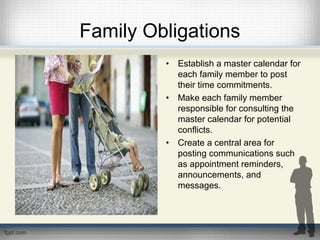 Family Obligations
• Establish a master calendar for
each family member to post
their time commitments.
• Make each family member
responsible for consulting the
master calendar for potential
conflicts.
• Create a central area for
posting communications such
as appointment reminders,
announcements, and
messages.
 