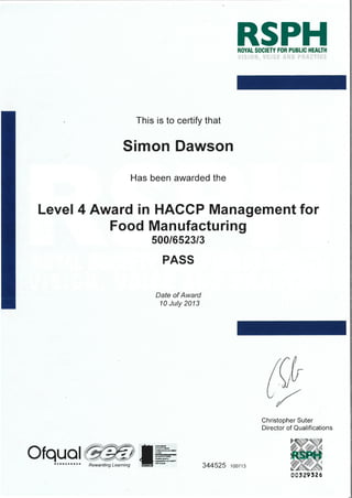 RSPH HACCP Level 4 Certificate