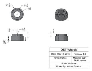 OET Wheels
Date: May 12, 2015 Version: 1.0
Units: Inches Material: 6061-
T6 Aluminum
Scale: No Scale
Drawn By: Nathan Stratton
3
4
1
4
1
2
3
32
141
256
1
4
5
8
1
8
 
