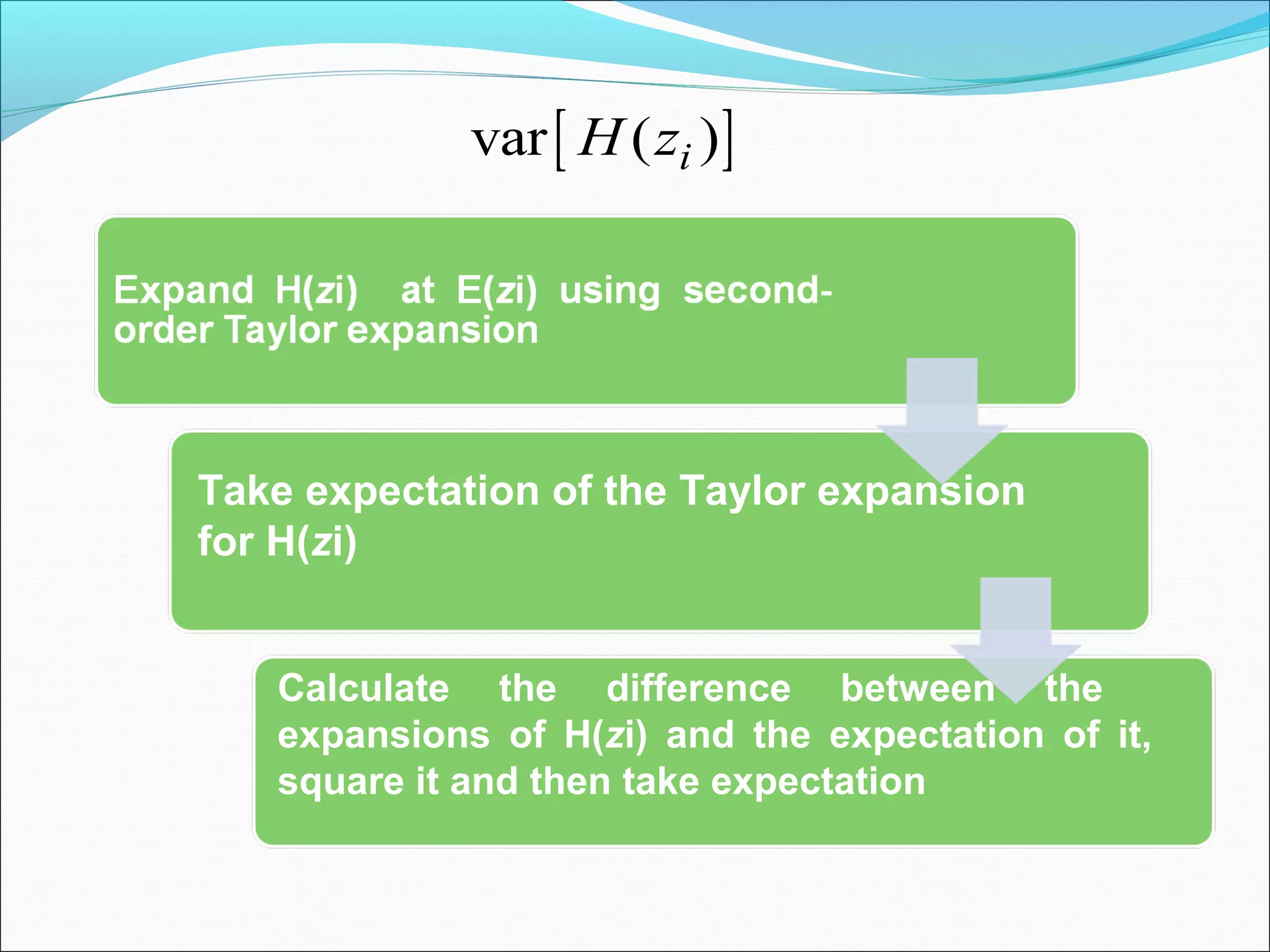 [ ]var ( )iH z
Take expectation of the Taylor expansion
for H(zi)
Calculate the difference between the
expansions of H(zi) and the expectation of it,
square it and then take expectation
 