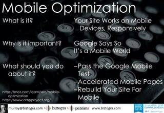 murray@biztegra.com www.Biztegra.com
What is it?
Why is it important?
What should you do
about it?
https://moz.com/learn/seo/mobile-
optimization
https://www.ampproject.org/
Your Site Works on Mobile
Devices, Responsively
Google Says So
It’s a Mobile World
–Pass the Google Mobile
Test
–Accelerated Mobile Pages
–Rebuild Your Site For
Mobile
Mobile Optimization
 