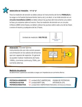 MEDICIÓN DE TENSIÓN – “V” O “U”
Para la medición de tensión se debe colocar el instrumento de forma PARALELA a
la carga o a la fuente (tomacorriente, barra, etc.), es decir, si se mide tensión en un
circuito monofásico (220V) se debe colocar las puntas del instrumento una sobre
la fase y la restante sobre el neutro. Para la medición de tensión en un circuito
trifásico (380V entre fases), se deben colocar las puntas sobre cada una de las fases
o entre el neutro y cualquiera de las 3 fases.
Unidad de medición: VOLTIO [V]
Aclaración: recordar que los
instrumentos de uso más común poseen
una limitación en los valores de tensiones
que son capaces de soportar. En general
se pueden realizar mediciones de hasta
1000VCC (corriente continua) y 750VCA (en
corriente alterna).
Medición de potencia
Se determinan 3 potencias asociadas a cargas con impedancias en corriente alterna:
POTENCIA APARENTE “S”: unidad VOLT-AMPER [VA] SUMA DE POTENCIAS
POTENCIA ACTIVA “P”: unidad WATT [W] POTENCIA UTIL
POTENCIA REACTIVA “Q”: unidad VOLT-AMPER REACTIVO [VAr] POTENCIA DE PÉRDIDA
 