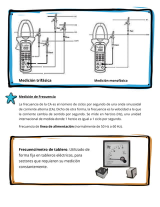 Medición trifásica Medición monofásica
Medición de Frecuencia
La frecuencia de la CA es el número de ciclos por segundo de una onda sinusoidal
de corriente alterna (CA). Dicho de otra forma, la frecuencia es la velocidad a la que
la corriente cambia de sentido por segundo. Se mide en hercios (Hz), una unidad
internacional de medida donde 1 hercio es igual a 1 ciclo por segundo.
Frecuencia de línea de alimentación (normalmente de 50 Hz o 60 Hz).
Frecuencímetro de tablero. Utilizado de
forma fija en tableros eléctricos, para
sectores que requieren su medición
constantemente.
 