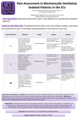 Pain Assessment in Mechanically Ventilated,
Sedated Patients in the ICUCATCritically
Appraised
Topic
Anna Groh, SN, Vanessa Katsma, SN, & Gertrude Ukah, SN
Carroll University, Waukesha, WI
Collaborating ICU Registered Nurse: Cheryl Scheuerman, ICU RN
Waukesha Memorial Hospital, Waukesha, WI
PICO QUESTION: What pain assessment scale is most effective for mechanically ventilated
patients?
CLINICAL BOTTOM LINE: The Behavioral Pain Scale is the most utilized, reliable, and valid in
the assessment of pain in ventilated, sedated patients in the Intensive Care Unit.
I
Cade, C. H. (2008). Clinical
tools for the assessment of
pain in sedated critically ill
adults. Nursing in Critical
Care, 13(6), 288-
297. http://search.ebscohost.
com/login.aspx?direct=true&
AuthType=cookie,ip,cpid&cust
id=s6222004&db=rzh&AN=20
10076965&site=ehost-
live&scope=site
Systematic Review
Behavioral Pain Scale sample:
30 sedated general ICU
patients located in Morocco.
Critical-Care Pain Observation
Tool: 105 (33 sedated
patients) in Postoperative ICU
located in Canada.
Behavioral Pain Scale (BPS)
was found to have high
construct validity and high
internal consistency in all
three studies.
The Critical-Care Pain
Observation Tool (CPOT) also
had high construct validity but
moderate criterion validity.
I
Pudas-Tahka, S. M., Axelin, A.,
Aantaa, R., Lund, V., &
Salantera, S. (2009). Pain
assessment tools for
unconscious or sedated
intensive care patients: A
systematic review. Journal of
Advanced Nursing, 65(5), 946-
956. doi:10.1111/j.1365-
2648.2008.04947.x;
10.1111/j.1365-
2648.2008.04947.x
Systematic Review
Behavioral Pain Scale—103
nonverbal ICU patients
CPOT—160 ICU patients (129
verbal, 58 nonverbal)
NVPS—59 nonverbal ICU
patients
Behavioral Pain Scale (BPS)
received a score of 12/20 for
it’s psychometric properties,
which was the highest quality
score in the review.
The Critical-Care Pain
Observation tool (CPOT)
received an 11/20 for it’s
psychometric properties.
The Non-verbal Adult Pain
Scale (NVPS) also received an
11/20 for its psychometric
properties.
III
Ahlers, S. J., van der Veen, A.
M., van Dijk, M., Tibboel, D., &
Knibbe, C. A. (2010). The use
of the behavioral pain scale to
assess pain in conscious
sedated patients. Anesthesia
and Analgesia, 110(1), 127-
133.doi:10.1213/ANE.0b013e
3181c3119e;
10.1213/ANE.0b013e3181c31
19e
Observational
30 bed surgical/medical ICU in
the Netherlands. 80
conscious/sedated patients
were included during 2 month
period.
Strong positive correlation
between Behavioral Pain Scale
and the 4 point Verbal Rating
Scale during painful
procedures.
Level of Evidence Reference Design Sample Findings
Comments of the Evidence: Strengths- both systematic reviews integrated comparison of several paint assessment tools
being used in the ICU. All reports consisted of statistical significance, generalization and randomization. Weaknesses-
Observational study included conscious/sedated patients rather than fully sedated which may have altered the results. The
number of fully sedated participants was undersized in all three studies.
Applicability: The Behavioral Pain Scale can be applied clinically to measure pain in ICU patients in a systematic and
comparable way. Measurement of pain levels allows health care professionals to identify patients experiencing
increased pain in order to administer pain medication appropriately to avoid exposure to patient distress.
Evidence Search: PubMed, EBSCOhost, CINAHL
Key words: Pain assessment, ICU, mechanically ventilated/sedated
 