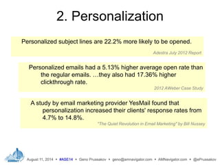 Personalized subject lines are 22.2% more likely to be opened.
Adestra July 2012 Report
Personalized emails had a 5.13% hi...