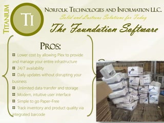 NORFOLK TECHNOLOGIES AND INFORMATION LLC.
Solid and Lustrous Solutions for Today
The Foundation Software
TITANIUM
Ti
CLOUD-BASED
ERP SYSTEM
PROS:
Lower cost by allowing Plex to provide
and manage your entire infrastructure
24/7 availability
Daily updates without disrupting your
business
Unlimited data transfer and storage
Modern, intuitive user interface
Simple to go Paper-Free
Track inventory and product quality via
integrated barcode
 