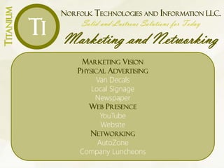 NORFOLK TECHNOLOGIES AND INFORMATION LLC.
Solid and Lustrous Solutions for Today
Marketing and Networking
TITANIUM
Ti
MARKETING VISION
PHYSICAL ADVERTISING
Van Decals
Local Signage
Newspaper
WEB PRESENCE
YouTube
Website
NETWORKING
AutoZone
Company Luncheons
 