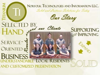 TITANIUM
Ti
NORFOLK TECHNOLOGIES AND INFORMATION LLC.
Solid and Lustrous Solutions for Today
Our Story
Revolve our Clients
LOCAL RESIDENTS
SUPPORTING
IMPROVING
SERVICE-
ORIENTED
BUSINESS
SELECTED BY
HAND
UNDERSTANDABLE
AND CUSTOMIZED PRESENTATION
 
