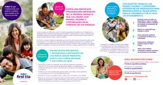 FIRST 5 LA
Colaborando con
padres y madres
para ayudar a los
niños a triunfar
¿Cómo estamos
mejorando la
situación en el
Condado de
Los Ángeles?
¿Cómo lo
hacemos?
¿Cómo se puede
obtener más
información?
Entender cómo sus niños se
desarrollan y cuál es su papel
como padre, madre o cuidador
en el apoyo al crecimiento de
sus pequeños
1
Tener relaciones positivas
y conexiones sociales en su
comunidad
3
Saber cómo obtener
soluciones y apoyos concretos
en momentos de necesidad
5
Mejorar su capacidad para
manejar el estrés2
Proporcionar ambientes
positivos para sus hijos
e hijas
4
Fuimos creados en 1998 para invertir los fondos asignados al Condado de Los Ángeles por la
Propuesta 10 de California (impuesto sobre el tabaco). Desde entonces, hemos invertido cerca
de $1,600 millones en esfuerzos dirigidos a lograr un mejor comienzo para los niños desde la
etapa prenatal hasta los 5 años y para sus familias.
En First 5 LA, nuestro objetivo es garantizar que todos los niños entren al kínder listos para triunfar
en la escuela y en la vida. Es por eso que estamos trabajando para que en el Condado de
Los Ángeles se dé prioridad a los primeros cinco años de vida de un niño y al apoyo a los padres,
madres y cuidadores, los cuales son los primeros maestros y mayores defensores de un pequeño.
•	 Promueven la salud y el bienestar de las familias durante el embarazo y
	 el primer año de su hijo a través de Bienvenido Bebé, un programa de visitas
	 a domicilio ofrecido en ciertos hospitales del condado de forma gratuita
	 y voluntaria.
•	 Fortalecen las comunidades para apoyar mejor a las niñas y niños pequeños
	 y a sus familias en las 14 comunidades Best Start.
•	 Amplían el acceso al cuidado infantil y preescolar, económico y de calidad.
•	 Mejoran los servicios de salud para que más niños puedan recibir evaluaciones 	
	 médicas del desarrollo y estén conectados a servicios y que los proveedores 	
	 sean más sensibles a los clientes y sus experiencias con el trauma.
CON NUESTRO TRABAJO, LOS
PADRES, MADRES Y CUIDADORES
ESTARÁN MEJOR PREPARADOS PARA
PROPORCIONAR EL MEJOR APOYO
PARA EL DESARROLLO DE SU HIJO.
LES AYUDAREMOS A:
FINANCIAMOS ESFUERZOS
Y PROGRAMAS CENTRADOS EN
LOS NIÑOS DESDE PRENATAL
HASTA LOS 5 AÑOS DE EDAD
Y SUS FAMILIAS QUE:
Al colaborar con padres, madres, comunidades
y proveedores de servicios, trabajamos juntos
para asegurar que todas las familias en el
Condado de Los Ángeles tengan acceso a la
información, los programas y los servicios que
necesitan en estas cinco áreas.
SOMOS UNA DESTACADA
ORGANIZACIÓN DEFENSORA
DE LA PRIMERA INFANCIA
QUE COLABORA CON
PADRES, MADRES Y
COMUNIDADES EN EL
CONDADO DE LOS ÁNGELES.
First5LA.org
PARA INFORMACIÓN SOBRE:
Servicios y apoyo gratuitos para madres y padres nuevos
First5LA.org/WelcomeBaby
Participar en su comunidad
First5LA.org/BestStart
Cómo puede apoyar el desarrollo de su hijo
First5LA.org/Parents
ÚNASE A LA CONVERSACIÓN:
First5LA @First5LA
¿Quién es
First 5 LA?
 