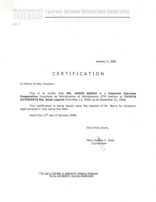 Toyota Autoparts Phil.Certificate of Employment