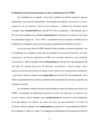 17
Evaluación de cursos de concentración, servicios e instalaciones de la UPRH
Los estudiantes en su segundo y tercer año, evaluaron en términos generales, aspectos
relacionados a los cursos de concentración. En promedio, los aspectos contenido de los cursos,
competencia de los profesores, interés de los profesores y calidad de la enseñanza fueron
evaluados como excelente/bueno por más del 80 % de los estudiantes. Cabe destacar, que el
95 % de estos estudiantes, ha evaluado excelente/buena la calidad de la enseñanza en los cursos
de concentración (Figura 6). En la Tabla 7 se presentan todos los aspectos evaluados por los
estudiantes en su segundo y tercer año de acuerdo con aquellos que recibieron el servicio.
Los servicios que ofrece la UPRH, también, fueron evaluados, en términos generales, por
los estudiantes en su segundo y tercer año. En promedio, los servicios de biblioteca, el Centro
Ocupacional y de Recursos Informativos (CORI), las actividades deportivas y las actividades
socioculturales, fueron evaluadas como excelente/bueno por más del 70 % del estudiantado. De
otra parte, los servicios de proceso de matrícula, recaudaciones, recursos (tiempo, dinero
instalaciones físicas) para facilitar el trabajo y las actividades de las organizaciones estudiantiles
y registraduría fueron evaluadas como regular/pobre por más del 50 % del estudiantado. En la
Tabla 8 se presentan todos los aspectos evaluados en los dos periodos de acuerdo con aquellos que
recibieron el servicio.
Los estudiantes, también, tuvieron la oportunidad de evaluar las instalaciones físicas de la
UPRH. En promedio, las instalaciones deportivas, el teatro, los anfiteatros, la cafetería y los
servicios médicos, fueron evaluadas como excelente/bueno por más del 50 % del estudiantado.
En lo que respecta a los edificios, los salones de clases, los estacionamientos y el Centro de
Estudiantes fueron evaluados como regular/pobre por más del 65 % del estudiantado (Tabla 9).
En el Apéndice 4, Tabla 16 y Tabla 17 se desglosan las distribuciones de frecuencias de cómo los
 