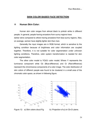 Face Detection…
26
SKIN COLOR BASED FACE DETECTION
 Human Skin Color:
Human skin color ranges from almost black to pinkish white in different
people. In general, people having ancestors from sunny regions have
darker skins compared to others having ancestors from less-sunny regions. Also,
on average, women have slightly lighter skin than man.
Generally the input images are in RGB format, which is sensitive to the
lighting condition because of brightness and color information are coupled
together. Therefore, it is not suitable for color segmentation under unknown
lighting conditions. Therefore, color system transformation is needed for skin
color segmentation.
The other color model is YCbCr color model; Where Y represents the
luminance component while Cb (Blue-difference) and Cr (Red-difference)
represent the chrominance components of a color image. The color distribution of
skin colors of different people was found to be clustered in a small area of the
chromatic color space, as shown in following figure.
Figure 12: a) Skin colors cloud.Fig b): Projection of a) on Cb-Cr plane.
 