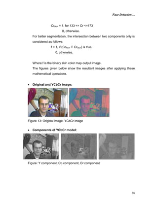 Face Detection…
28
Crskin = 1, for 133 <= Cr <=173
0, otherwise.
For better segmentation, the intersection between two components only is
considered as follows:
f = 1, if (Cbskin ∩ Crskin) is true.
0, otherwise.
Where f is the binary skin color map output image.
The figures given below show the resultant images after applying these
mathematical operations.
 Original and YCbCr image:
Figure 13: Original image, YCbCr image
 Components of YCbCr model:
Figure: Y component, Cb component, Cr component
 