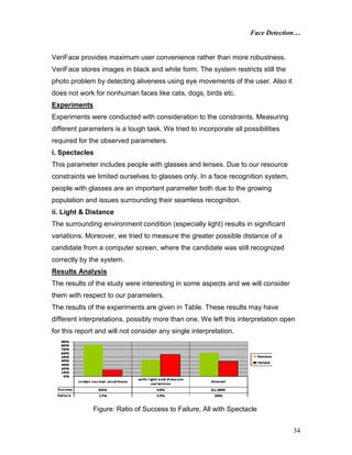 Face Detection…
34
VeriFace provides maximum user convenience rather than more robustness.
VeriFace stores images in black and white form. The system restricts still the
photo problem by detecting aliveness using eye movements of the user. Also it
does not work for nonhuman faces like cats, dogs, birds etc.
Experiments
Experiments were conducted with consideration to the constraints. Measuring
different parameters is a tough task. We tried to incorporate all possibilities
required for the observed parameters.
i. Spectacles
This parameter includes people with glasses and lenses. Due to our resource
constraints we limited ourselves to glasses only. In a face recognition system,
people with glasses are an important parameter both due to the growing
population and issues surrounding their seamless recognition.
ii. Light & Distance
The surrounding environment condition (especially light) results in significant
variations. Moreover, we tried to measure the greater possible distance of a
candidate from a computer screen, where the candidate was still recognized
correctly by the system.
Results Analysis
The results of the study were interesting in some aspects and we will consider
them with respect to our parameters.
The results of the experiments are given in Table. These results may have
different interpretations, possibly more than one. We left this interpretation open
for this report and will not consider any single interpretation.
Figure: Ratio of Success to Failure, All with Spectacle
 