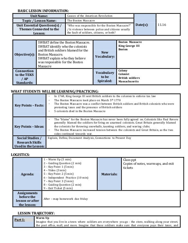 Lesson Plan Boston Masscre