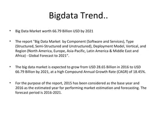 Bigdata Trend..
• Big Data Market worth 66.79 Billion USD by 2021
• The report "Big Data Market by Component (Software and Services), Type
(Structured, Semi-Structured and Unstructured), Deployment Model, Vertical, and
Region (North America, Europe, Asia-Pacific, Latin America & Middle East and
Africa) - Global Forecast to 2021“.
• The big data market is expected to grow from USD 28.65 Billion in 2016 to USD
66.79 Billion by 2021, at a high Compound Annual Growth Rate (CAGR) of 18.45%.
• For the purpose of the report, 2015 has been considered as the base year and
2016 as the estimated year for performing market estimation and forecasting. The
forecast period is 2016-2021.
 