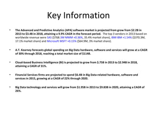 Key Information
• The Advanced and Predictive Analytics (APA) software market is projected from grow from $2.2B in
2013 to $3.4B in 2018, attaining a 9.9% CAGR in the forecast period. The top 3 vendors in 2013 based on
worldwide revenue were SAS ($768.3M MMM +0.36%, 35.4% market share), IBM IBM +1.54% ($370.3M,
17.1% market share) and Microsoft MSFT +0.15% ($64.9M, 3% market share).
• A.T. Kearney forecasts global spending on Big Data hardware, software and services will grow at a CAGR
of 30% through 2018, reaching a total market size of $114B.
• Cloud-based Business Intelligence (BI) is projected to grow from $.75B in 2013 to $2.94B in 2018,
attaining a CAGR of 31%.
• Financial Services firms are projected to spend $6.4B in Big Data-related hardware, software and
services in 2015, growing at a CAGR of 22% through 2020.
• Big Data technology and services will grow from $1.95B in 2013 to $9.83B in 2020, attaining a CAGR of
26%.
 