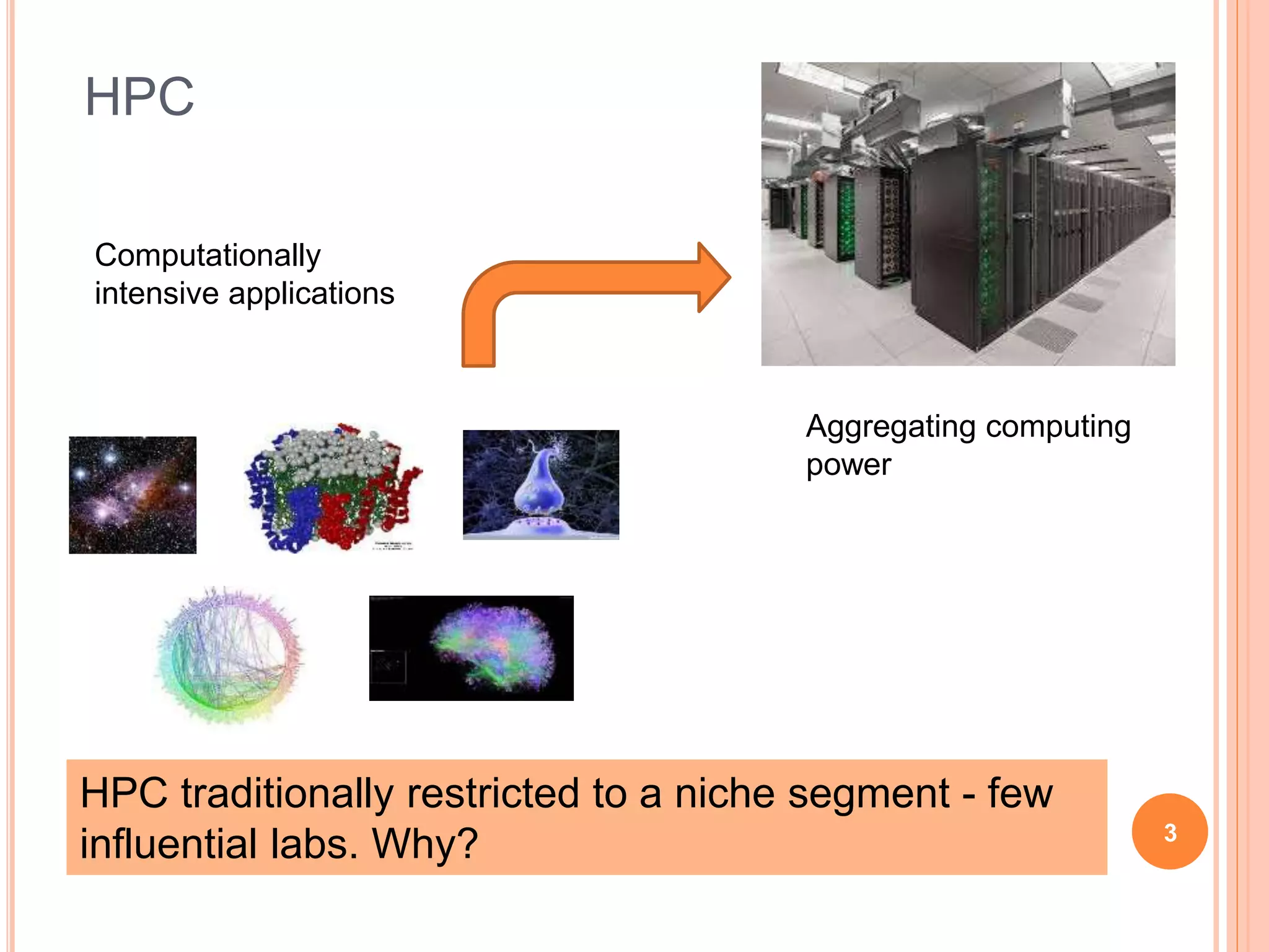 HPC
3
Aggregating computing
power
Computationally
intensive applications
HPC traditionally restricted to a niche segment - few
influential labs. Why?
 