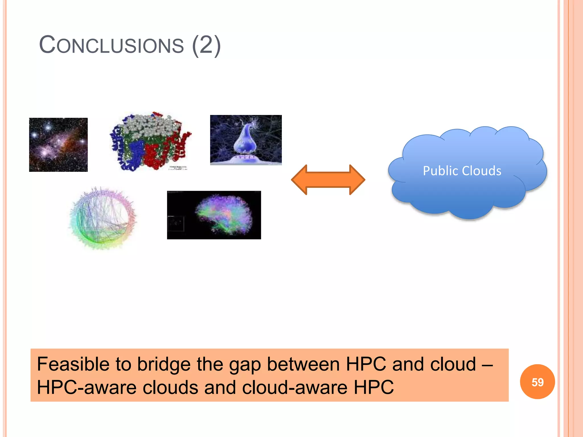 CONCLUSIONS (2)
59
Feasible to bridge the gap between HPC and cloud –
HPC-aware clouds and cloud-aware HPC
Public Clouds
 