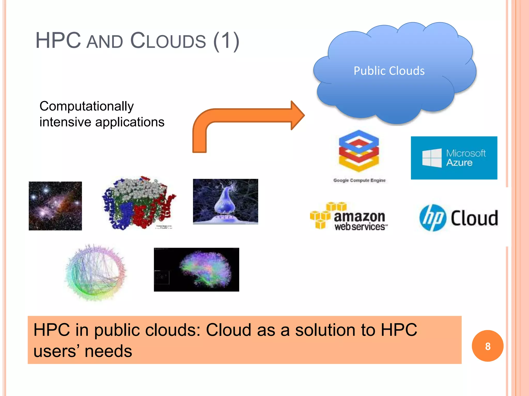 HPC AND CLOUDS (1)
8
Computationally
intensive applications
HPC in public clouds: Cloud as a solution to HPC
users’ needs
Public Clouds
 