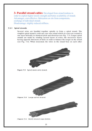 13
3- Parallel strand cables: Developed from strand tendons in
order to exploit higher tensile strength and better availability of strands
Advantages: cost-effective, fabrication on site from components,
exchange of individual strands
Disadvantage: slightly reduced stiffness.
 