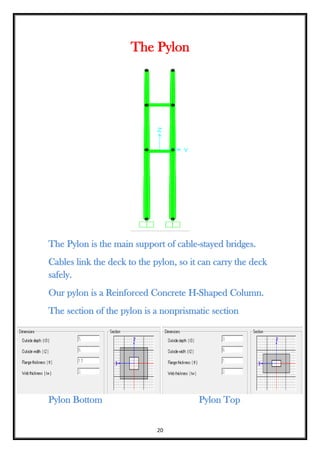 20
The Pylon
The Pylon is the main support of cable-stayed bridges.
Cables link the deck to the pylon, so it can carry the deck
safely.
Our pylon is a Reinforced Concrete H-Shaped Column.
The section of the pylon is a nonprismatic section
Pylon Bottom Pylon Top
 