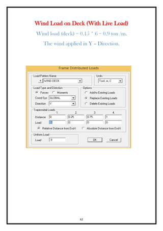62
Wind Load on Deck (With Live Load)
Wind load (deck) = 0.15 * 6 = 0.9 ton /m.
The wind applied in Y – Direction.
 