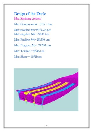 69
Design of the Deck:
Max Straining Action:
Max Compression= 18171 ton
Max positive Mx=9972.35 t.m
Max negative Mx= -9605 t.m
Max Positive My= 26560 t.m
Max Negative My= 27280 t.m
Max Torsion = 2845 t.m
Max Shear = 1272 ton
 