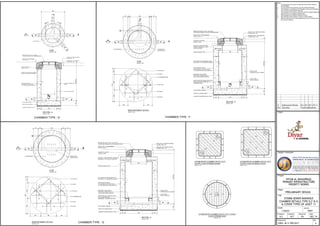 1:30 CROSSFALL
2001000200 250250
50
POSITION OF
ACCESS HOLE
HALF ROUND CHANNEL
1000 G POLYTHENE SHEET
250 1400 250
3000Max.300
MASTIC SEALANT 50x25mm THICK
WITH BOND BREAKER
MEMBRANE TOUNDRESIDE ONLY
RTR LINER IN ACCORDANCE WITH
SECTION 'F' OF THE SPECIFICATION
200
REINFORCEMENT BAR
MEDIUM OR HEAVY DUTY CAST IRON
COVER AND FRAME WITH RTR SEALING PLATE
ROAD LEVEL (PAVED AREAS)
COVER LEVEL -5
ROAD LEVEL (UNPAVED AREAS)
COVER LEVEL -50
GROUND LEVEL (OPEN AREAS)
COVER LEVEL -150
CONCRETE HAUNCH
GRADE C 45/20
PRECAST COVER SUPPORT PAINTED
INTERNALLY WITH EPOXY MORTAR
800
10mm THICK
EPOXY MORTAR
250mm THICK
CONCRETE WALL (C45/20)
CONCRETE BLINDING 50mm THICK
PAINT PROTECTION IN
ACCORDANCE WITH SECTION G
OF THE SPECIFICATION (TABLE G1)
BENCHING TO BE C45/20
CONCRETE FINISHED WITH
10mm THICK EPOXY MORTAR
3-3 T16-180 B
5 T16 145 B
5 T16 145 B
5 T16-145 B
1+4 T16-145 B
4 T16 TRIMMER BARS
310800790
550
1900
550 800
STORM
WATER
STO
R
M
W
ATER
STO
R
M
W
ATER
STO
R
M
W
ATER
STO
R
M
W
ATER
10 THICK EPOXY MORTAR
200 THICK CONCRETE WALL
(C45/20)
HALF ROUND CHANNEL
1000 G POLYTHENE SHEET
CONCRETE BLINDING 50 THICK
PAINT PROTECTION IN
ACCORDANCE WITH SECTION
G OF THE SPECIFICATION (TABLE G1)
200 800 200
2000Max.250
50
MEDIUM OR HEAVY DUTY CAST IRON
COVER AND FRAME WITH RTR SEALING PLATE
ROAD LEVEL (PAVED AREAS)
COVER LEVEL -5
ROAD LEVEL (UNPAVED AREAS)
COVER LEVEL -50
GROUND LEVEL (OPEN AREAS)
COVER LEVEL -150
CONCRETE HAUNCH
GRADE C 45/20
PRECAST COVER SUPPORT PAINTED
INTERNALLY WITH EPOXY MORTAR
1:30 CROSSFALL
1200
50 50
1:30 CROSSFALL
1001000100 250250
50
POSITION OF
ACCESS HOLE
3-3 T20-100 B
4 T20-200 B
4 T20-200 B
4 T20-200 B
1+5 T20-100 B
4 T20 TRIMMER BARS
300800600
450 450
1700
10mm THICK
EPOXY MORTAR
250mm THICK
CONCRETE WALL (C45/20)
HALF ROUND CHANNEL
1000 G POLYTHENE SHEET
CONCRETE BLINDING 50mm THICK
PAINT PROTECTION IN
ACCORDANCE WITH SECTION G
OF THE SPECIFICATION (TABLE G1)
250 1200 250
3000Max.300
BENCHING TO BE C45/20
CONCRETE FINISHED WITH
10mm THICK EPOXY MORTAR
MASTIC SEALANT 50x25 THICK WITH
BOND BREAKER MEMBRANE TO
UNDRESIDE ONLY
RTR LINER IN ACCORDANCE WITH
SECTION 'F' OF THE SPECIFICATION
200
REINFORCEMENT BAR
MEDIUM OR HEAVY DUTY CAST IRON
COVER AND FRAME WITH RTR SEALING PLATE
ROAD LEVEL (PAVED AREAS)
COVER LEVEL -5
ROAD LEVEL (UNPAVED AREAS)
COVER LEVEL -50
GROUND LEVEL (OPEN AREAS)
COVER LEVEL -150
CONCRETE HAUNCH
GRADE C 45/20
PRECAST COVER SUPPORT
PAINTED INTERNALLY WITH
EPOXY MORTAR
800
CHAMBER TYPE - D
(SCALE 1:20)
(SCALE 1:20)
CHAMBER TYPE - G(SCALE-1:20)
(SCALE 1:10)
(SCALE 1:10)
(SCALE 1:10)
(SCALE 1:20)
(SCALE 1:20)
(SCALE 1:20)
(SCALE-1:20)
CHAMBER TYPE - F
(SCALE 1:20)
Rev Description Prep ChkdAppdDate
Client
Design Consultant
Project
Stage
Title
Scale
Checked Approved Date
Drawing No. Rev
Prepared
Job No.
10001-JB-11-PRE-0417 A
DEC '14PHW.FN.C
1:20@A1 10001
& COVER TYPES OF ASSET 11
CHAMBER DETAILS TYPE D,F & G
STORM SEWER MANHOLE
PRELIMINARY DESIGN
DIYAR AL MUHARRAQ
PRIORITY WORKS
PRIMARY INFRASTRUCTURE
Notes
1. This Drawing is to be read in conjunction with all other relevant
documentation.
2. Do not scale from this drawing, use only printed dimensions.
3. All dimensions in millimetres, all chainages, levels and coordinates
are in metres unless defined otherwise.
4. This drawing is to be read in conjunction with the project Health and
Safety File for any identified potential risks.
5. Pipe diameters up to 450mm, shall be of uPVC.
6. Pipe diameters above 450mm, shall be of GRP material.
7. Minimum clear cover from finish grade level to the top of pipe shall
be minimum 1200mm.
A Draft Issue for Review N.C W.F W.F DEC '14
 