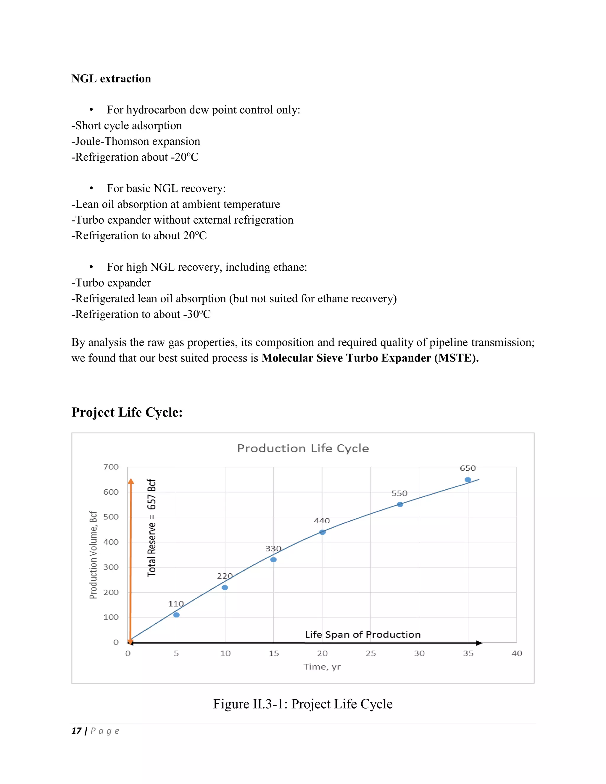 17 | P a g e
NGL extraction
• For hydrocarbon dew point control only:
-Short cycle adsorption
-Joule-Thomson expansion
-Refrigeration about -20o
C
• For basic NGL recovery:
-Lean oil absorption at ambient temperature
-Turbo expander without external refrigeration
-Refrigeration to about 20o
C
• For high NGL recovery, including ethane:
-Turbo expander
-Refrigerated lean oil absorption (but not suited for ethane recovery)
-Refrigeration to about -30o
C
By analysis the raw gas properties, its composition and required quality of pipeline transmission;
we found that our best suited process is Molecular Sieve Turbo Expander (MSTE).
Project Life Cycle:
Figure II.3-1: Project Life Cycle
 