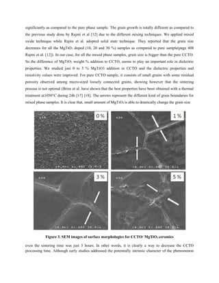 significantly as compared to the pure phase sample. The grain growth is totally different as compared to
the previous study done by Rajmi et al [12] due to the different mixing techniques. We applied mixed
oxide technique while Rajmi et al. adopted solid state technique. They reported that the grain size
decreases for all the MgTiO3 doped (10, 20 and 30 %) samples as compared to pure sample(page 408
Rajmi et al. [12]). In our case, for all the mixed phase samples, grain size is bigger than the pure CCTO.
So the difference of MgTiO3 weight % addition to CCTO, seems to play an important role in dielectric
properties. We studied just 0 to 5 % MgTiO3 addition in CCTO and the dielectric properties and
resistivity values were improved. For pure CCTO sample, it consists of small grains with some residual
porosity observed among micro-sized loosely connected grains, showing however that the sintering
process is not optimal (Brize et al. have shown that the best properties have been obtained with a thermal
treatment at1050°C during 24h [17] [18]. The arrows represent the different kind of grain boundaries for
mixed phase samples. It is clear that, small amount of MgTiO3 is able to drastically change the grain size
Figure 3. SEM images of surface morphologies for CCTO/ MgTiO3 ceramics
even the sintering time was just 3 hours. In other words, it is clearly a way to decrease the CCTO
processing time. Although early studies addressed the potentially intrinsic character of the phenomenon
 