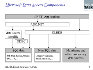 Microsoft Data Access Components

                                   (.NET) Applications

                              ADO.NET

 data source                                            OLEDB
  specific
              ODBC

         SQL data                        Non SQL data            Mainframe and
  MS SQL Server, Oracle,            Directory services,
                                                                other proprietary
  DB2, Jet, ...                     email, text files, ...        data sources

ADO.NET, Dietrich Birngruber, TechTalk                                              4
 