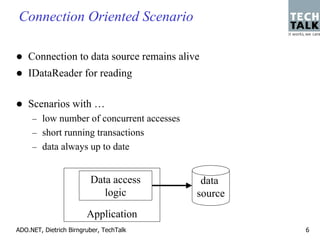 Connection Oriented Scenario

    Connection to data source remains alive
    IDataReader for reading

    Scenarios with …
     – low number of concurrent accesses
     – short running transactions
     – data always up to date


                         Data access        data
                            logic          source
                        Application
ADO.NET, Dietrich Birngruber, TechTalk              6
 