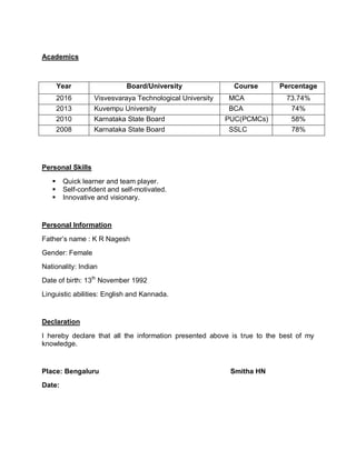 Academics
Year Board/University Course Percentage
2016 Visvesvaraya Technological University MCA 73.74%
2013 Kuvempu University BCA 74%
2010 Karnataka State Board PUC(PCMCs) 58%
2008 Karnataka State Board SSLC 78%
Personal Skills
 Quick learner and team player.
 Self-confident and self-motivated.
 Innovative and visionary.
Personal Information
Father’s name : K R Nagesh
Gender: Female
Nationality: Indian
Date of birth: 13th
November 1992
Linguistic abilities: English and Kannada.
Declaration
I hereby declare that all the information presented above is true to the best of my
knowledge.
Place: Bengaluru Smitha HN
Date:
 