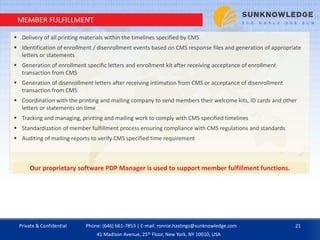 MEMBER FULFILLMENT
 Delivery of all printing materials within the timelines specified by CMS
 Identification of enrollment / disenrollment events based on CMS response files and generation of appropriate
letters or statements
 Generation of enrollment specific letters and enrollment kit after receiving acceptance of enrollment
transaction from CMS
 Generation of disenrollment letters after receiving intimation from CMS or acceptance of disenrollment
transaction from CMS
 Coordination with the printing and mailing company to send members their welcome kits, ID cards and other
letters or statements on time
 Tracking and managing, printing and mailing work to comply with CMS specified timelines
 Standardization of member fulfillment process ensuring compliance with CMS regulations and standards
 Auditing of mailing reports to verify CMS specified time requirement
Our proprietary software PDP Manager is used to support member fulfillment functions.
Private & Confidential 21Phone: (646) 661-7853 | E-mail: ronnie.hastings@sunknowledge.com
41 Madison Avenue, 25th Floor, New York, NY 10010, USA
 