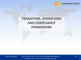 TRANSITION, OPERATIONS
AND COMPLIANCE
FRAMEWORK
Private & Confidential 29Phone: (646) 661-7853 | E-mail: ronnie.hastings@sunknowledge.com
41 Madison Avenue, 25th Floor, New York, NY 10010, USA
 
