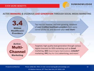 EVEN MORE BENEFITS
Private & Confidential 32Phone: (646) 661-7853 | E-mail: ronnie.hastings@sunknowledge.com
41 Madison Avenue, 25th Floor, New York, NY 10010, USA
ACTIVE BRANDING & VIGOROUS LEAD GENERATION THROUGH SOCIAL MEDIA MARKETING
3.4
Million
Healthcare
Providers
Tap into our massive, and ever-growing, database
of over 3 million healthcare providers from every
corner of the US, and discover your next client!
Active
Multi-
Channel
Marketing
Targeted, high quality lead generation through various
digital channels for B2B marketing such as Email
marketing, SEO (Search Engine Optimization), LinkedIn®
marketing, PPC (Pay Per Click) advertising, and more!
 