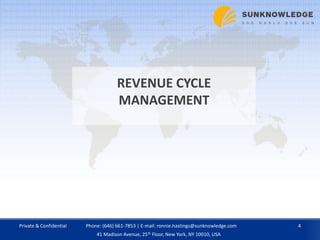 REVENUE CYCLE
MANAGEMENT
Private & Confidential 4Phone: (646) 661-7853 | E-mail: ronnie.hastings@sunknowledge.com
41 Madison Avenue, 25th Floor, New York, NY 10010, USA
 