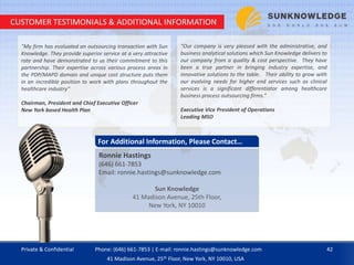 CUSTOMER TESTIMONIALS & ADDITIONAL INFORMATION
"My firm has evaluated an outsourcing transaction with Sun
Knowledge. They provide superior service at a very attractive
rate and have demonstrated to us their commitment to this
partnership. Their expertise across various process areas in
the PDP/MAPD domain and unique cost structure puts them
in an incredible position to work with plans throughout the
healthcare industry“
Chairman, President and Chief Executive Officer
New York based Health Plan
“Our company is very pleased with the administrative, and
business analytical solutions which Sun Knowledge delivers to
our company from a quality & cost perspective. They have
been a true partner in bringing industry expertise, and
innovative solutions to the table. Their ability to grow with
our evolving needs for higher end services such as clinical
services is a significant differentiator among healthcare
business process outsourcing firms.”
Executive Vice President of Operations
Leading MSO
Private & Confidential 42Phone: (646) 661-7853 | E-mail: ronnie.hastings@sunknowledge.com
41 Madison Avenue, 25th Floor, New York, NY 10010, USA
Ronnie Hastings
(646) 661-7853
Email: ronnie.hastings@sunknowledge.com
Sun Knowledge
41 Madison Avenue, 25th Floor,
New York, NY 10010
For Additional Information, Please Contact…
 