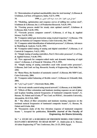 10
33. “Determination of optimal machinability data for steel turning”, G.Hassan &
S.Suliman, J.of Inst. of Engineers, India, Vol.71, 1990.
34. “‫العلوم‬ ‫يب‬‫ر‬‫تع‬ ‫إلى‬ ‫دعوة‬"‫يناير‬ ،‫البحرين‬ ،‫األيام‬ ‫جريدة‬ ،‫حسان‬ ‫جالل‬ ،1990
35. “Modeling, optimization and response curves of milling low carbon steel”,
S.Suliman & G.Hassan, Int. J. of Production Research, Vol.29, 1991.
36. “Turning process model for steady state optimal control”, S.Suliman &
G.Hassan, ibid, Vol.30, 1992.
37. “Towards process computer control”, G.Hassan, J. of Eng. & Applied
Science, Vol.39, 1992.
38. “Computer-aided gun destruction using tracked trajectory”, G.Hassan, 17th
Conf. on Statistics & Computer Science, Cairo University, Dec. 1992.
39. “Computer-aided identification of industrial processes”, G.Hassan, Advances
in Modelling & Analysis, Vol.36, 1993.
40. “Computer-aided tuning of analog and digital controllers”, G.Hassan, J. of
Control & Computers, Vol.21, 1993.
41. “Simple tuning of analog controllers, Part I: first order processes”, J. of Eng.
& Applied Science, Vol.40, 1993.
42. “New approach for computer-aided static and dynamic balancing of rigid
rotors”, G.Hassan, J. of Sound & Vibration, 179, 5, 1995.
43. “Simple tuning of analog controllers used with second order processes”,
G.Hassan, 2nd Conf. on Eng. Research, Faculty of Engineering, Port Said, Nov.
1995.
44. “Banu-Musa, the founders of automatic control”, G.Hassan, 8th MDP Conf.,
Cairo University, 2004.
45. “Computer-aided balancing of flexible rotors”, G.Hassan & O.Kandil, ibid,
2004.
45. " ‫الزاهر‬ ‫العربية‬ ‫الحضارة‬‫ة‬ ", Electronic Book, 2006.
46. “Air-to-air missile control using neural network”, G.Hassan, et al. ibid,2004.
47. "Effects of fiber orientation and laminate stacking sequence on out of plane
and in-plane bending natural frequencies of laminated composite beams", G.
Hassan, M. Fahmi and I.Goda, 9th
Int. Conf. on PEDAC, Alexandria University,
Alexandria, 10-12 Feb. 2009.
48. " The effects of fiber orientation and laminate stacking sequences on the
torsional natural frequencies of laminated composite beams", G. Hassan, M.
Fahmi and I.Goda, ibid.
49. "Parametric study of the free vibration response of laminated composite
beams ", Accepted for publication, Scientific Journal of the Faculty of
Engineering. Ain Shams University.
50. " A STUDY OF A 10 DEGREES OF FREEDOM MODEL FOR VEHICLE
DAYNAMICS RESPONSE TO ROAD HUMP" ,N. Abdel-azim & G. Hassan,
Al-Azhar Engineering 11th
Int. Conference, Dec. 21-23, 2010, Egypt.
 