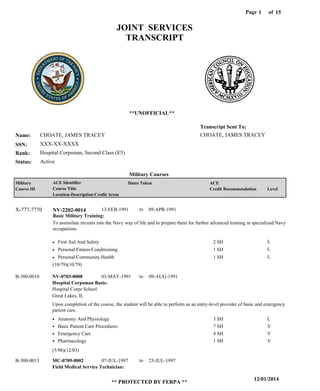 Page of1
12/01/2014
** PROTECTED BY FERPA **
15
CHOATE, JAMES TRACEY
XXX-XX-XXXX
Hospital Corpsman, Second Class (E5)
CHOATE, JAMES TRACEY
Transcript Sent To:
Name:
SSN:
Rank:
JOINT SERVICES
TRANSCRIPT
**UNOFFICIAL**
Military Courses
ActiveStatus:
Military
Course ID
ACE Identifier
Course Title
Location-Description-Credit Areas
Dates Taken ACE
Credit Recommendation Level
Basic Military Training:
To assimilate recruits into the Navy way of life and to prepare them for further advanced training in specialized Navy
occupations.
NV-2202-0014X-777-7770 13-FEB-1991 09-APR-1991
First Aid And Safety
Personal Fitness/Conditioning
Personal/Community Health
L
L
L
2 SH
1 SH
1 SH
Hospital Corpsman Basic:
Field Medical Service Technician:
NV-0703-0008
MC-0709-0002
03-MAY-1991
07-JUL-1997
09-AUG-1991
23-JUL-1997
Upon completion of the course, the student will be able to perform as an entry-level provider of basic and emergency
patient care.
B-300-0010
B-300-0013
Hospital Corps School
Great Lakes, IL
Anatomy And Physiology
Basic Patient Care Procedures
Emergency Care
Pharmacology
3 SH
7 SH
4 SH
1 SH
L
V
V
V
(10/79)(10/79)
(5/98)(12/03)
to
to
to
 