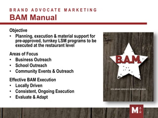 B R A N D A D V O C A T E M A R K E T I N G
BAM Manual
Objective
• Planning, execution & material support for
pre-approved, turnkey LSM programs to be
executed at the restaurant level
Areas of Focus
• Business Outreach
• School Outreach
• Community Events & Outreach
Effective BAM Execution
• Locally Driven
• Consistent, Ongoing Execution
• Evaluate & Adapt
1
 