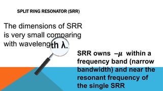 SPLIT RING RESONATOR (SRR)
The dimensions of SRR
is very small comparing
with waveleng
SRR owns –𝝁 within a
frequency band (narrow
bandwidth) and near the
resonant frequency of
the single SRR
 