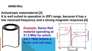 SWISS ROLL
Anisotropic metamaterial.[3]
It is well suited to operation in (RF) range, because it has a
low resonant frequency and a strong magnetic response.[4]
Example: Swiss Roll
material operating at
21.5 MHz for which
λ/a > 1000 (where a
is the unit cell size).
 