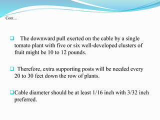  The downward pull exerted on the cable by a single
tomato plant with five or six well-developed clusters of
fruit might be 10 to 12 pounds.
 Therefore, extra supporting posts will be needed every
20 to 30 feet down the row of plants.
Cable diameter should be at least 1/16 inch with 3/32 inch
preferred.
Cont…
 