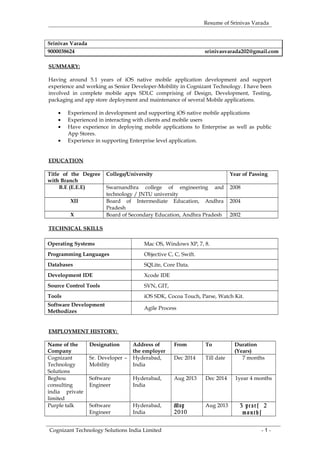 Resume of Srinivas Varada
Srinivas Varada
9000038624 srinivasvarada202@gmail.com
SUMMARY:
Having around 5.1 years of iOS native mobile application development and support
experience and working as Senior Developer-Mobility in Cognizant Technology. I have been
involved in complete mobile apps SDLC comprising of Design, Development, Testing,
packaging and app store deployment and maintenance of several Mobile applications.
• Experienced in development and supporting iOS native mobile applications
• Experienced in interacting with clients and mobile users
• Have experience in deploying mobile applications to Enterprise as well as public
App Stores.
• Experience in supporting Enterprise level application.
EDUCATION
Title of the Degree
with Branch
College/University Year of Passing
B.E (E.E.E) Swarnandhra college of engineering and
technology / JNTU university
2008
XII Board of Intermediate Education, Andhra
Pradesh
2004
X Board of Secondary Education, Andhra Pradesh 2002
TECHNICAL SKILLS
Operating Systems Mac OS, Windows XP, 7, 8.
Programming Languages Objective C, C, Swift.
Databases SQLite, Core Data.
Development IDE Xcode IDE
Source Control Tools SVN, GIT,
Tools iOS SDK, Cocoa Touch, Parse, Watch Kit.
Software Development
Methodizes
Agile Process
EMPLOYMENT HISTORY:
Name of the
Company
Designation Address of
the employer
From To Duration
(Years)
Cognizant
Technology
Solutions
Sr. Developer –
Mobility
Hyderabad,
India
Dec 2014 Till date 7 months
Beghou
consulting
india private
limited
Software
Engineer
Hyderabad,
India
Aug 2013 Dec 2014 1year 4 months
Purple talk Software
Engineer
Hyderabad,
India
May
2010
Aug 2013 3 year s 2
mo nt h s
Cognizant Technology Solutions India Limited - 1 -
 