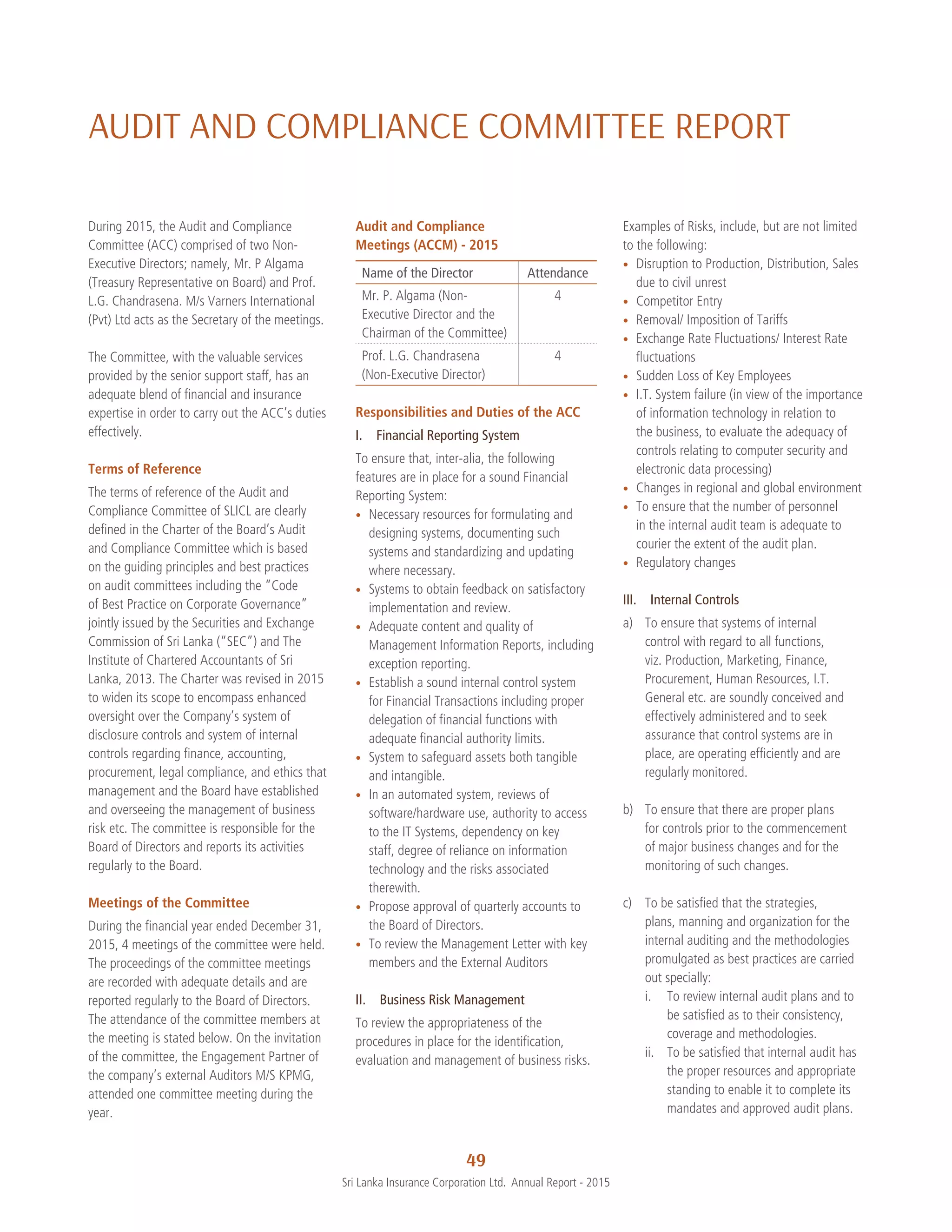 49
Sri Lanka Insurance Corporation Ltd.  Annual Report - 2015
AUDIT AND COMPLIANCE COMMITTEE REPORT
During 2015, the Audit and Compliance
Committee (ACC) comprised of two Non-
Executive Directors; namely, Mr. P Algama
(Treasury Representative on Board) and Prof.
L.G. Chandrasena. M/s Varners International
(Pvt) Ltd acts as the Secretary of the meetings.
The Committee, with the valuable services
provided by the senior support staff, has an
adequate blend of financial and insurance
expertise in order to carry out the ACC’s duties
effectively.
Terms of Reference
The terms of reference of the Audit and
Compliance Committee of SLICL are clearly
defined in the Charter of the Board’s Audit
and Compliance Committee which is based
on the guiding principles and best practices
on audit committees including the “Code
of Best Practice on Corporate Governance”
jointly issued by the Securities and Exchange
Commission of Sri Lanka (“SEC”) and The
Institute of Chartered Accountants of Sri
Lanka, 2013. The Charter was revised in 2015
to widen its scope to encompass enhanced
oversight over the Company’s system of
disclosure controls and system of internal
controls regarding finance, accounting,
procurement, legal compliance, and ethics that
management and the Board have established
and overseeing the management of business
risk etc. The committee is responsible for the
Board of Directors and reports its activities
regularly to the Board.
Meetings of the Committee
During the financial year ended December 31,
2015, 4 meetings of the committee were held.
The proceedings of the committee meetings
are recorded with adequate details and are
reported regularly to the Board of Directors.
The attendance of the committee members at
the meeting is stated below. On the invitation
of the committee, the Engagement Partner of
the company’s external Auditors M/S KPMG,
attended one committee meeting during the
year.
Audit and Compliance
Meetings (ACCM) - 2015
Name of the Director Attendance
Mr. P. Algama (Non-
Executive Director and the
Chairman of the Committee)
4
Prof. L.G. Chandrasena
(Non-Executive Director)
4
Responsibilities and Duties of the ACC
I.  Financial Reporting System
To ensure that, inter-alia, the following
features are in place for a sound Financial
Reporting System:
•• Necessary resources for formulating and
designing systems, documenting such
systems and standardizing and updating
where necessary.
•• Systems to obtain feedback on satisfactory
implementation and review.
•• Adequate content and quality of
Management Information Reports, including
exception reporting.
•• Establish a sound internal control system
for Financial Transactions including proper
delegation of financial functions with
adequate financial authority limits.
•• System to safeguard assets both tangible
and intangible.
•• In an automated system, reviews of
software/hardware use, authority to access
to the IT Systems, dependency on key
staff, degree of reliance on information
technology and the risks associated
therewith.
•• Propose approval of quarterly accounts to
the Board of Directors.
•• To review the Management Letter with key
members and the External Auditors
II.  Business Risk Management
To review the appropriateness of the
procedures in place for the identification,
evaluation and management of business risks.
Examples of Risks, include, but are not limited
to the following:
•• Disruption to Production, Distribution, Sales
due to civil unrest
•• Competitor Entry
•• Removal/ Imposition of Tariffs
•• Exchange Rate Fluctuations/ Interest Rate
fluctuations
•• Sudden Loss of Key Employees
•• I.T. System failure (in view of the importance
of information technology in relation to
the business, to evaluate the adequacy of
controls relating to computer security and
electronic data processing)
•• Changes in regional and global environment
•• To ensure that the number of personnel
in the internal audit team is adequate to
courier the extent of the audit plan.
•• Regulatory changes
III.  Internal Controls
a)	 To ensure that systems of internal
control with regard to all functions,
viz. Production, Marketing, Finance,
Procurement, Human Resources, I.T.
General etc. are soundly conceived and
effectively administered and to seek
assurance that control systems are in
place, are operating efficiently and are
regularly monitored.
b)	 To ensure that there are proper plans
for controls prior to the commencement
of major business changes and for the
monitoring of such changes.
c)	 To be satisfied that the strategies,
plans, manning and organization for the
internal auditing and the methodologies
promulgated as best practices are carried
out specially:
i.	 To review internal audit plans and to
be satisfied as to their consistency,
coverage and methodologies.
ii.	 To be satisfied that internal audit has
the proper resources and appropriate
standing to enable it to complete its
mandates and approved audit plans.
 