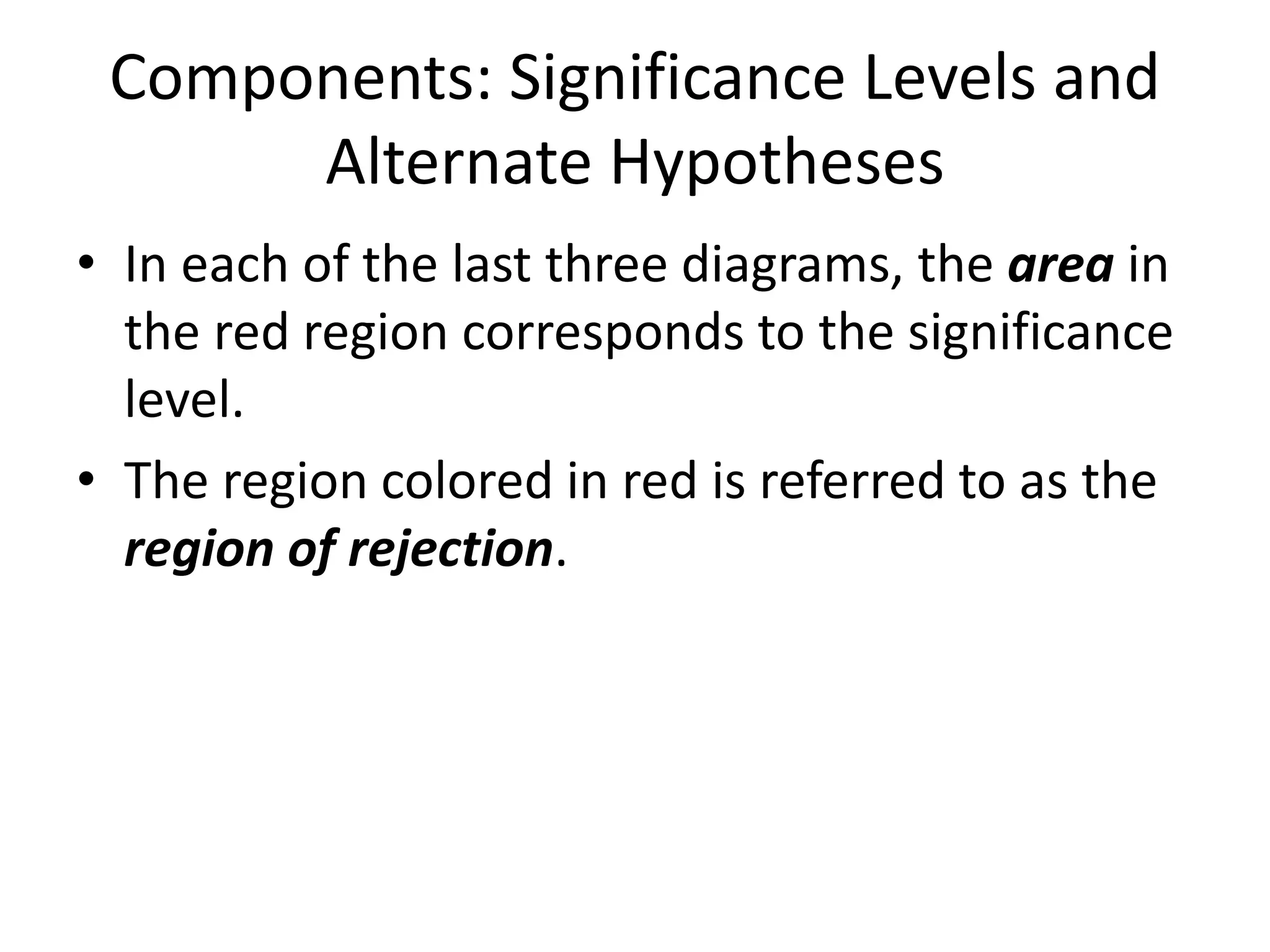 Components: Significance Levels and
Alternate Hypotheses
• In each of the last three diagrams, the area in
the red region corresponds to the significance
level.
• The region colored in red is referred to as the
region of rejection.
 